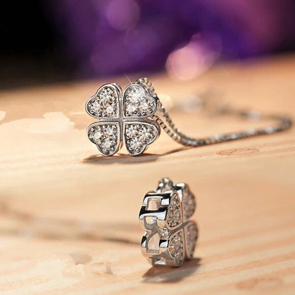 Sterling Silver Four-Leaf Clover Zirconia Pendant Necklace - Picture 8 of 8